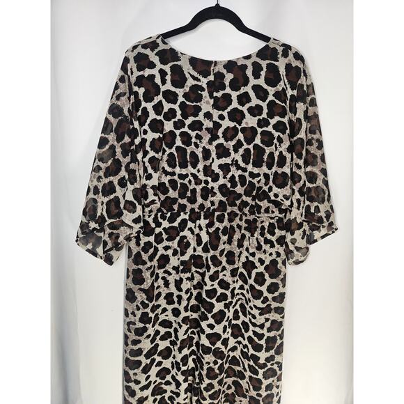 New York & Company Leopard Print Chiffon Short Sleeve Maxi Dress XL V Neck - Picture 5 of 7